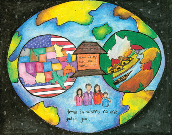 Entry in NAHRO poster contest with pictures of globes with text of "Home is my own little world" and "Home is where no one judges you."