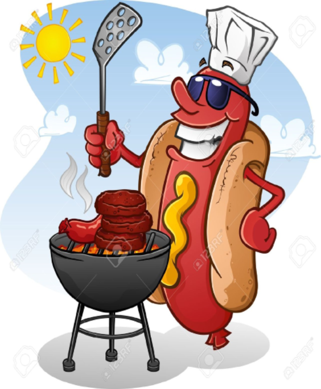 Hot Dog character babecuing at a grill