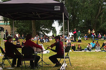 musicians performing on a park lawn