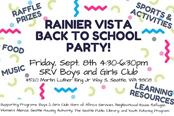 Poster for "Rainier Vista Back to School Party!event