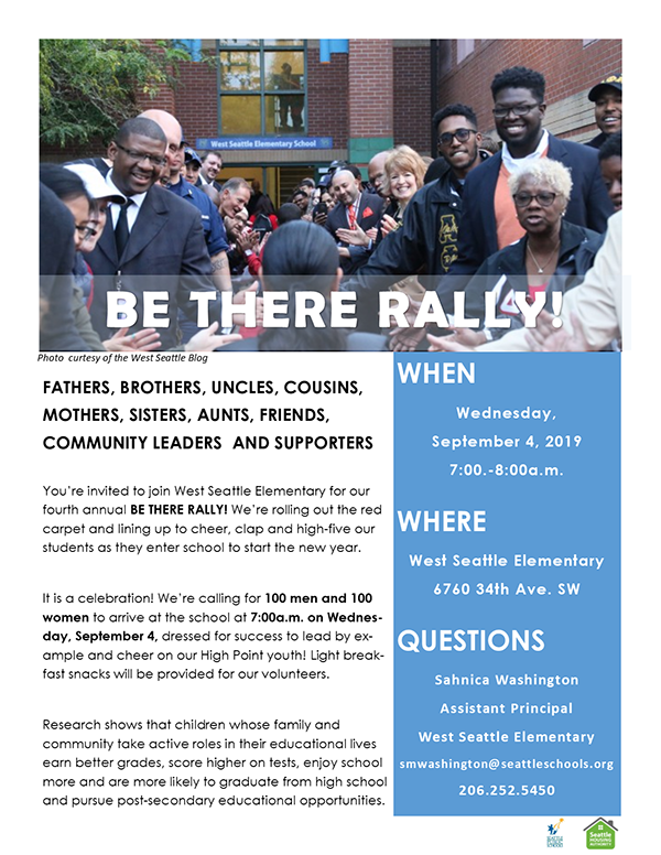 Flyer promoting "Be There Rally" with picture of adults greeting students