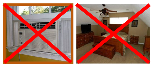 Red "X" over photos of a window blocked by air conditioner and window blocked by bed headboard, to indicate these scenarios will not pass inspection