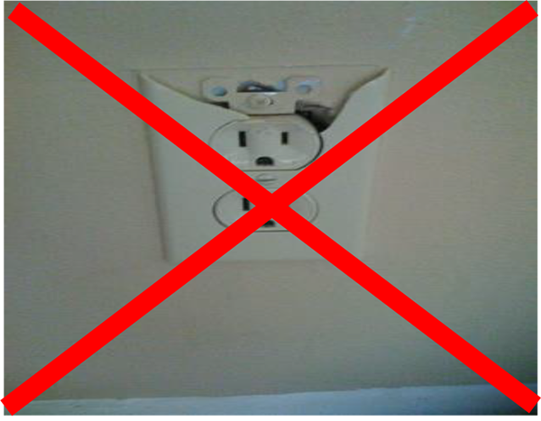 Red "X" over picture of a broken electrical outlet, to indicate such a condition will not pass inspection