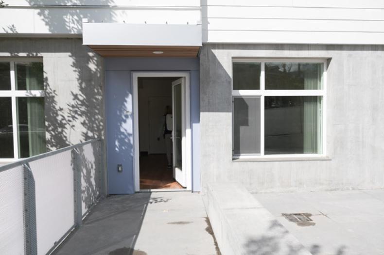 Outdoor corridor of apartment building