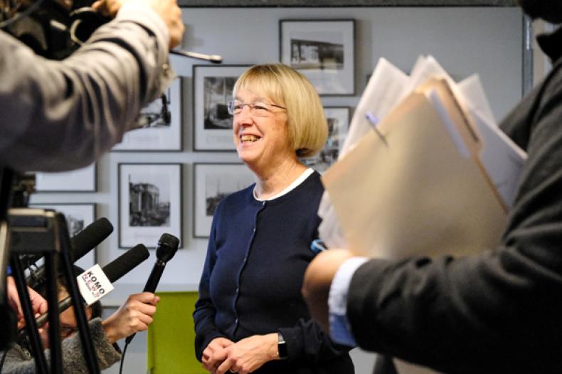 Senator Patty Murray speaking to a reporter at Yesler