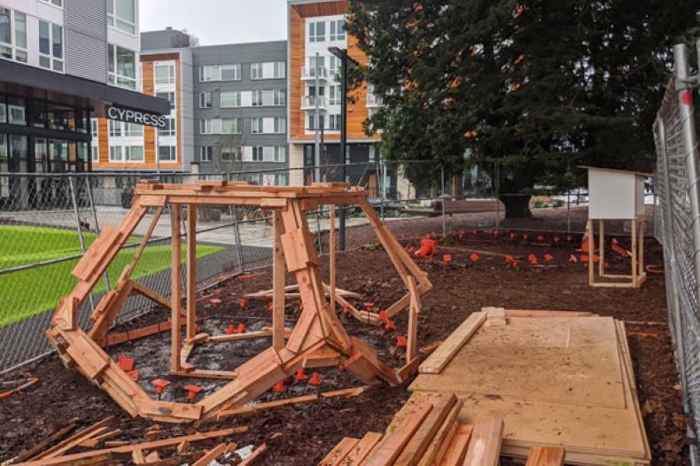 Construction of Megastrobili sculpture at Yesler