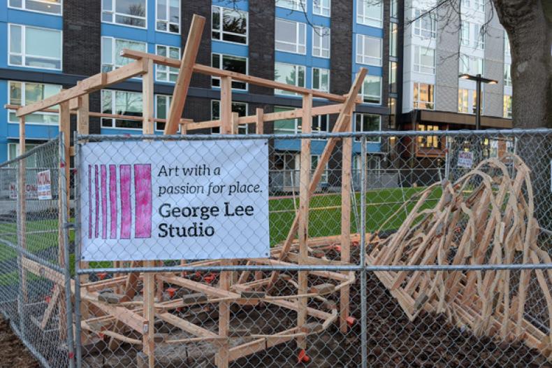 Construction of Megastrobili sculpture at Yesler