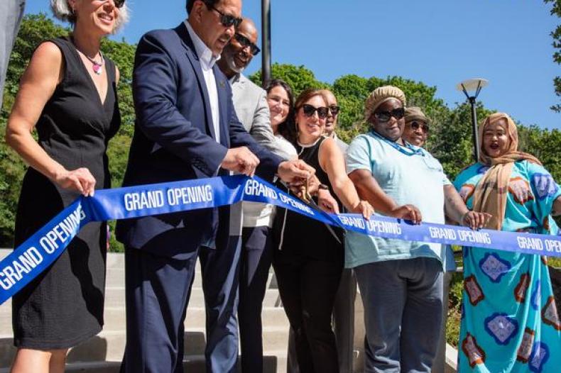 Left to right: Director of the City of Seattle’s Office of Housing, Maiko Wnkler-Chin, Mayor Bruce Harrell, SHA Executive Director Rod Brandon, Seattle City Councilmember Teresa Mosqueda, HUD Washington Field Office Director Gary Gant and SHA residents