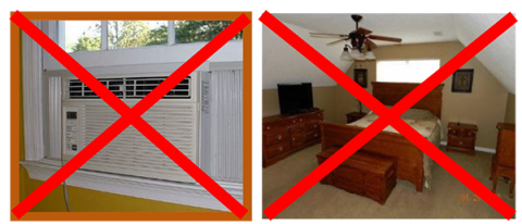 Red "X" over photos of a window blocked by air conditioner and window blocked by bed headboard, to indicate these scenarios will not pass inspection