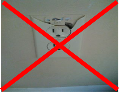 Red "X" over picture of a broken electrical outlet, to indicate such a condition will not pass inspection