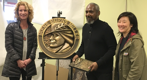 SHA Deputy Director Anne Fiske Zuniga and others with sculptor Charles Parrish and his bronze art