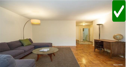 Green check mark over a photo os a living room free of garbage or clutter that could block access, to indicate this scenario will pass inspection