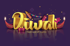 Graphic on purple background with text that says "Happy Diwali festival of lights"