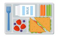 Lunch tray with sandwich, berries carrots and text 'milk'