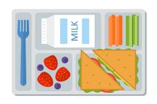 Lunch tray with sandwich, berries carrots and text 'milk'