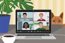 Illustration with four squares of people on a Zoom session
