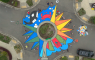 Aerial view of colorful pavement mural