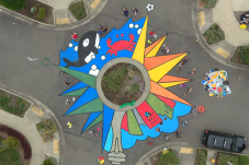 Aerial view of colorful pavement mural