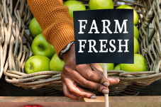 Basket of apples with "Farm Fresh" sign