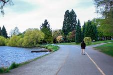 Person walking on path around Green Lake in Seattle