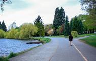 Person walking on path around Green Lake in Seattle