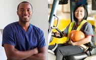 Male medical worker in scrubs and a female forklift operator