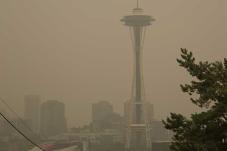 Seattle Space Needle through a haze from wildfire smoke