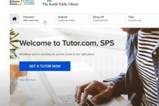 Girl at computer with text 'Get a tutor' and 'Welcome to tutor.com'