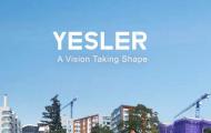 Cityscape with text 'Yesler, a vision taking shape'