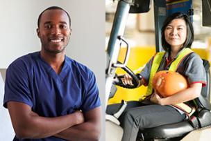 Male medical worker in scrubs and a female forklift operator