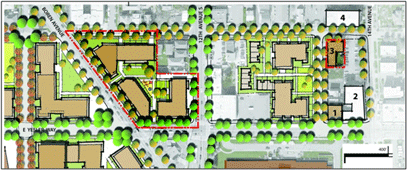 This map shows the areas of the neighborhood where initial development would be focused.