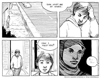 A panel from Coiled webcomic which features Yesler Terrace as a backdrop.